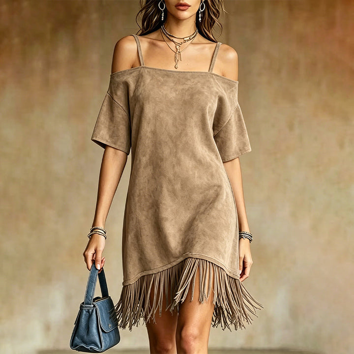 Lewina – Schulterfreies Riemchen Kleid Mit Fransen