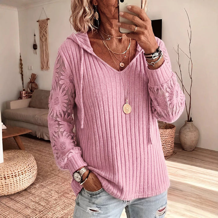 Nemila – Eleganter Strickcardigan MIT Kapuze Und Spitzenbesatz