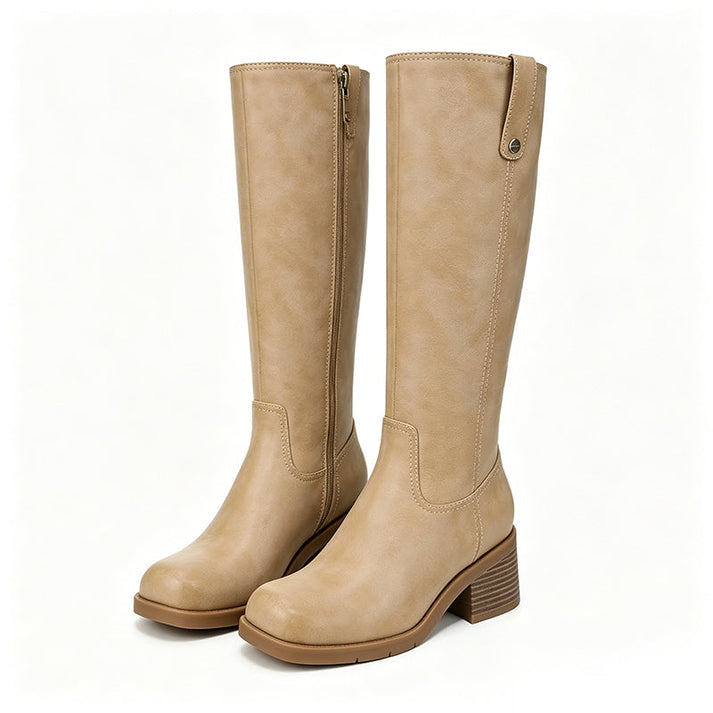 Maissaa - Knee-High Side Zipper Block Heel Boot