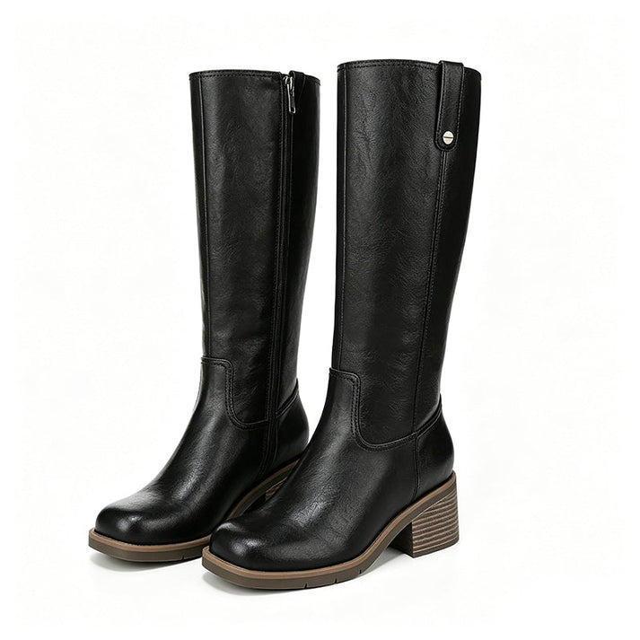 Maissaa - Knee-High Side Zipper Block Heel Boot
