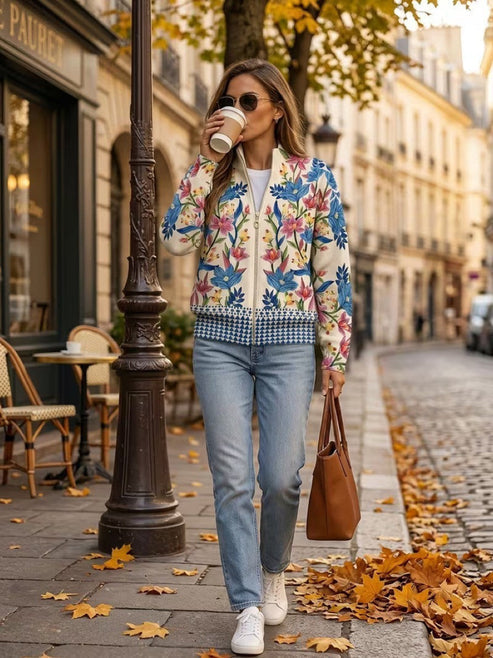 Davan - Strick Jacke Mit Reißverschluss Und Blumenmuster