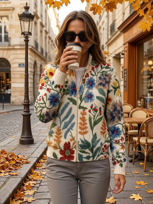 Davan - Strick Jacke Mit Reißverschluss Und Blumenmuster
