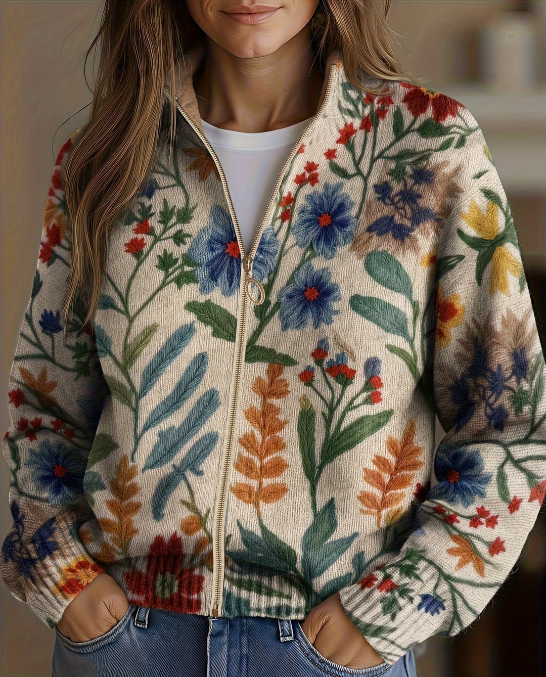 Davan - Strick Jacke Mit Reißverschluss Und Blumenmuster