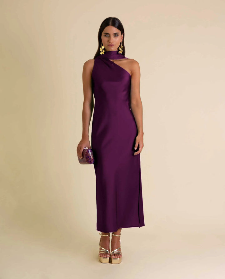 Zinash - Ein-Schulter-Midi-Kleid mit Schleife am Hals