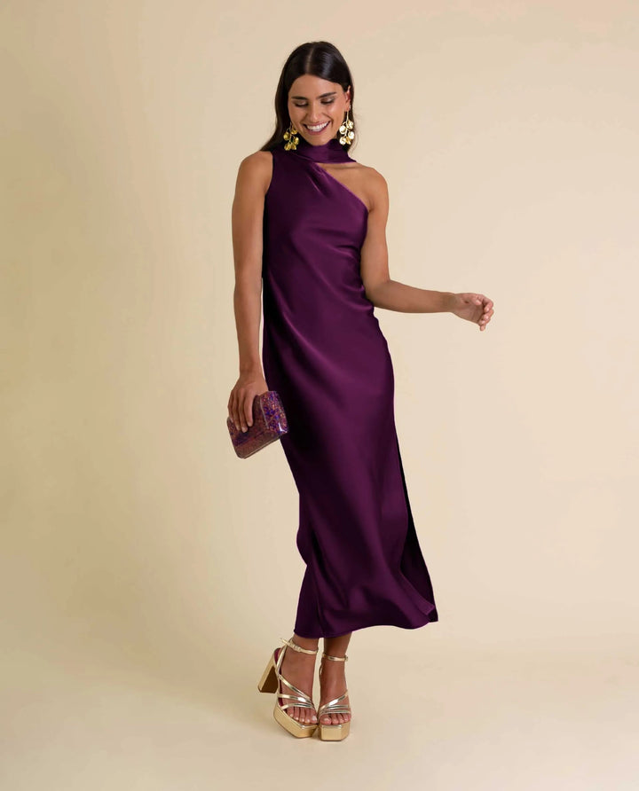 Zinash - Ein-Schulter-Midi-Kleid mit Schleife am Hals