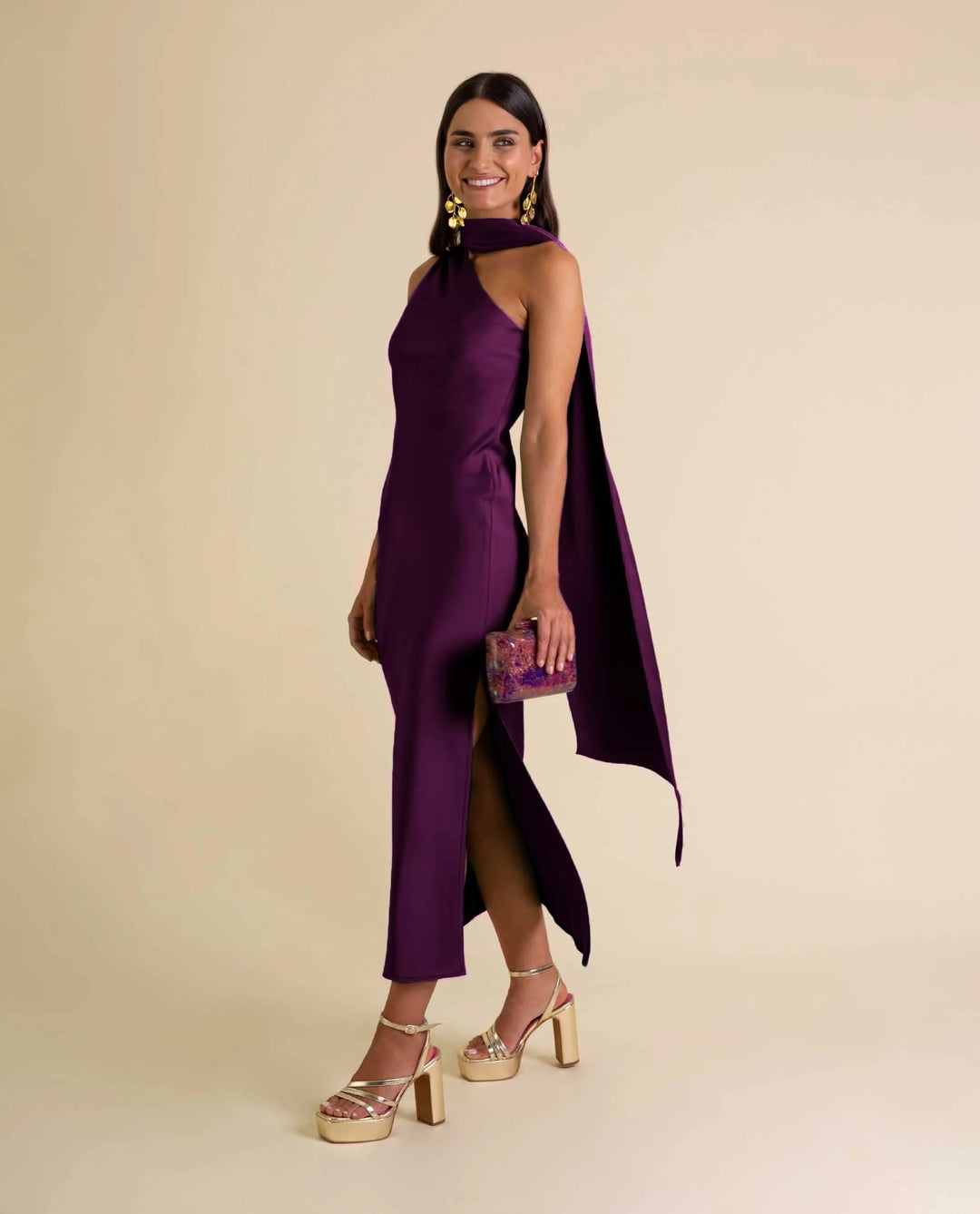 Zinash - Ein-Schulter-Midi-Kleid mit Schleife am Hals