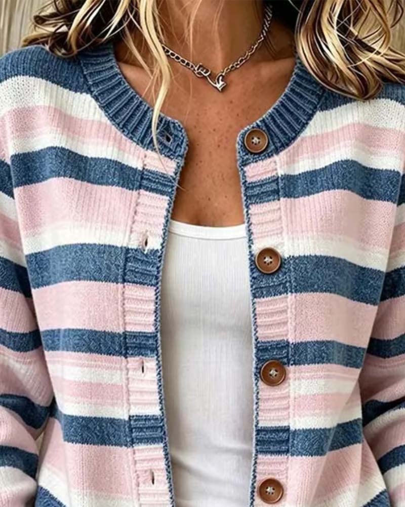 Christelle - Gestreifter Cardigan Mit Rundhalsausschnitt und Einreihigem Verschluss
