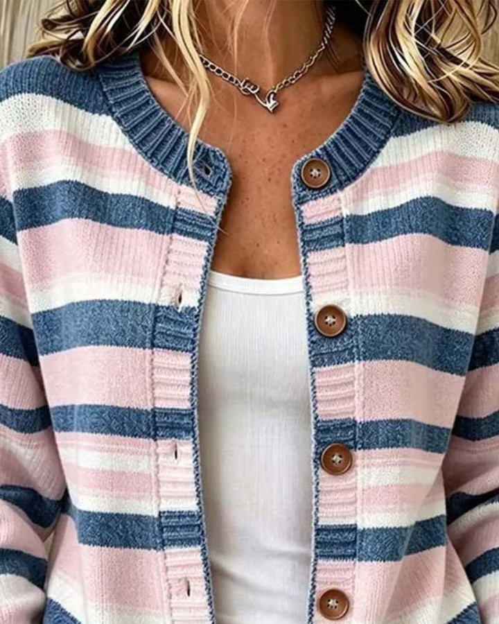 Christelle - Gestreifter Cardigan Mit Rundhalsausschnitt und Einreihigem Verschluss
