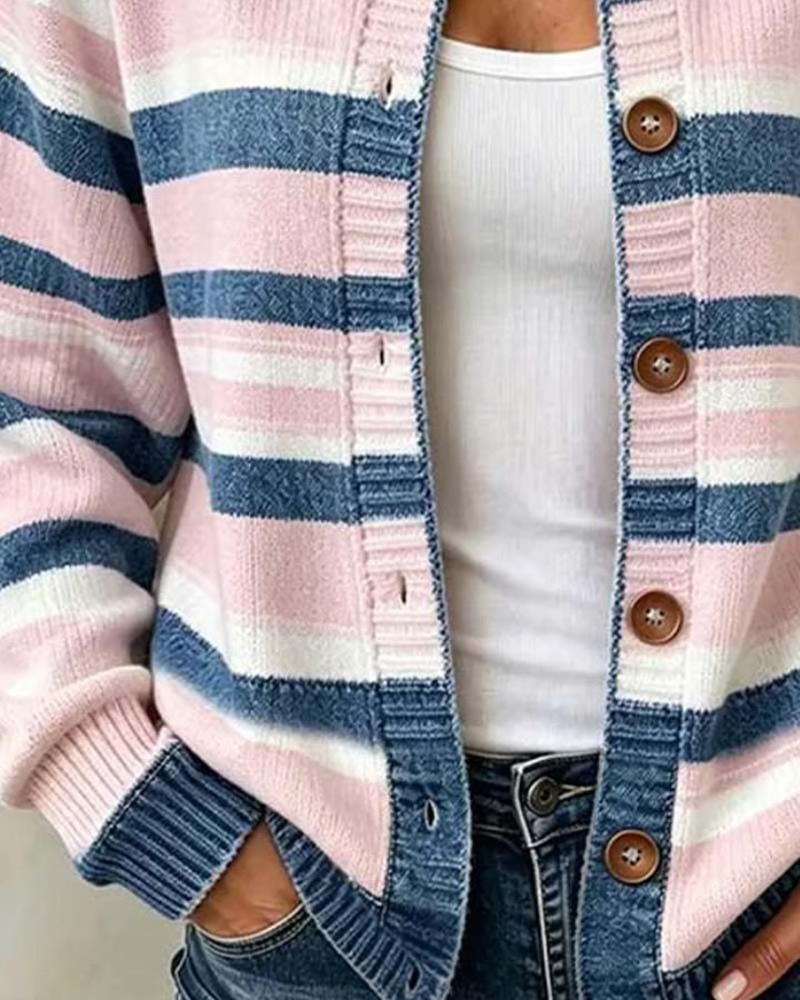 Christelle - Gestreifter Cardigan Mit Rundhalsausschnitt und Einreihigem Verschluss