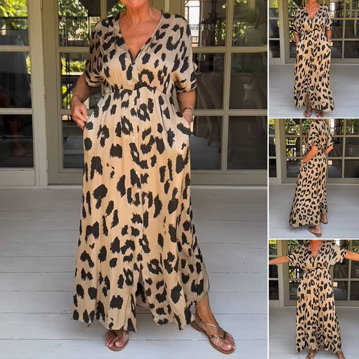 Lockeres Leopard-Maxikleid mit V-Ausschnitt