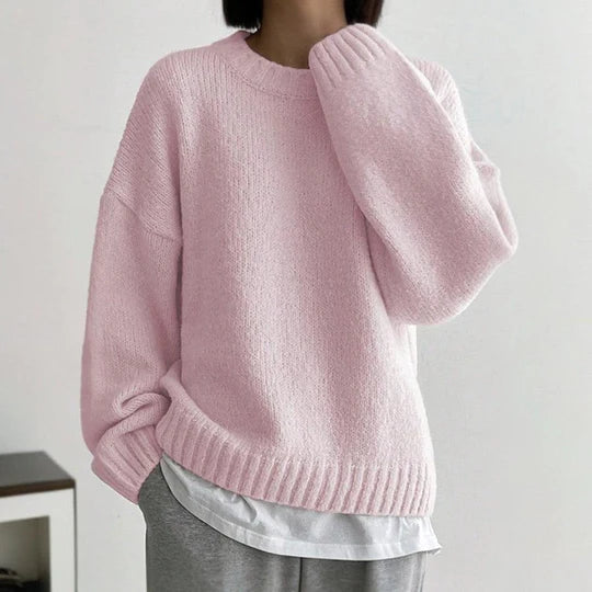 Rosa einfarbiger Pullover mit langen Ärmeln und Rundhalsausschnitt