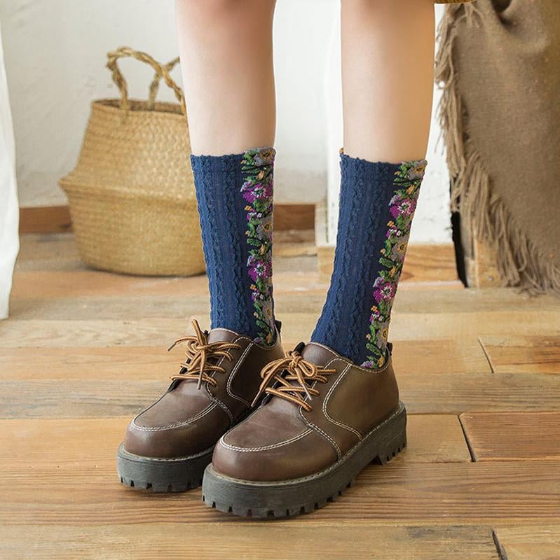 (5 Paare) Vintage Socken mit Blumenstickerei