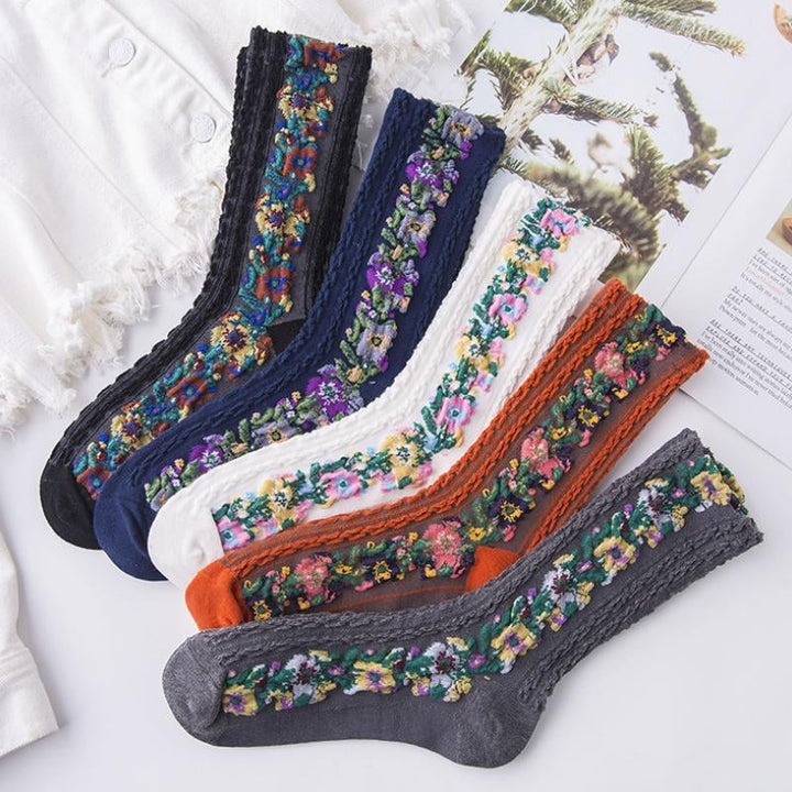 (5 Paare) Vintage Socken mit Blumenstickerei