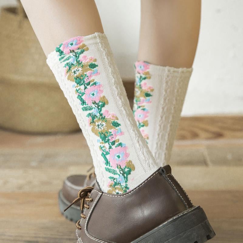 (5 Paare) Vintage Socken mit Blumenstickerei